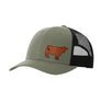 An olive green trucker-style cap with a black mesh back and a brown cow leather patch on the front panel, shown on a plain white background.