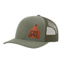 An olive green trucker style hat with a green mesh back, and a leather cattle tag shaped patch engraved with "wr" on a white background