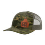 A green camouflage tucker style hat with a green mesh back, and a leather cattle tag shaped patch engraved with "wr" on a white background