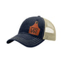 A navy blue trucker style hat with a beige mesh back, and a leather cattle tag shaped patch engraved with "wr" on a white background