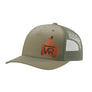 An olive green trucker style hat with a green mesh back, and a leather cattle tag shaped patch engraved with "wr" on a white background