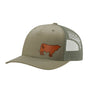 An olive green trucker hat with a brown cow leather patch on the front panel, set against a plain white background.