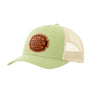 A bright green trucker-style cap with a tan mesh back and a brown 'your design here' leather patch on the front panel, shown on a plain white background.