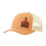 A peach/orange trucker style hat with a beige mesh back, and a leather cattle tag shaped patch engraved with "wr" on a white background
