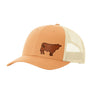 A peach/orange trucker-style cap with a tan mesh back and a brown cow leather patch on the front panel, shown on a plain white background.
