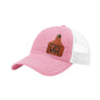 A light pink trucker style hat with a white mesh back, and a leather cattle tag shaped patch engraved with "wr" on a white background