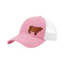 A pink trucker-style cap with a white mesh back and a brown cow leather patch on the front panel, shown on a plain white background.