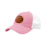 A light pink trucker-style cap with a white mesh back and a brown 'your design here' leather patch on the front panel, shown on a plain white background.