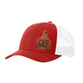 A red trucker style hat with a white mesh back, and a leather cattle tag shaped patch engraved with "wr" on a white background