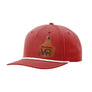 A red retro trucker style hat with a white rope brim, and a leather cattle tag shaped patch engraved with "wr" on a white background