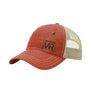 A burnt orange trucker style hat with a beige mesh back, and a leather cattle tag shaped patch engraved with "wr" on a white background