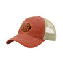 A burnt orange trucker-style cap with a tan mesh back and a brown 'your design here' leather patch on the front panel, shown on a plain white background.