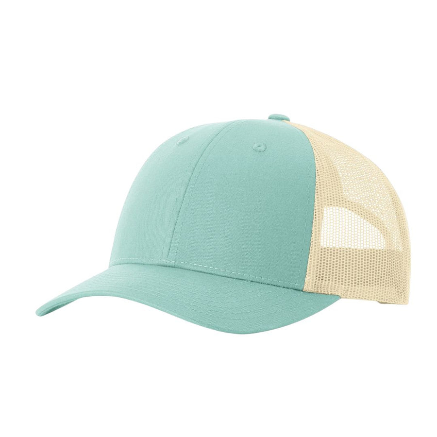 light blue baseball hat with beige mesh back on a white backdrop