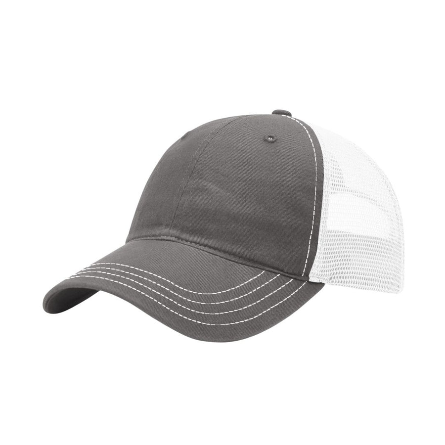charcoal baseball hat with white mesh backing on a white backdrop