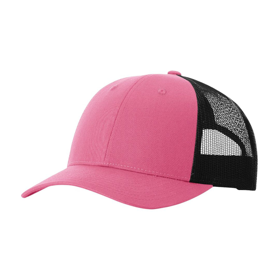 pink baseball hat with black mesh back on a white backdrop 