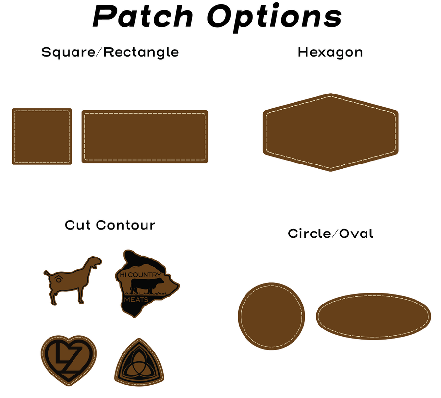 Various brown patch shapes including square, rectangle, hexagon, cut contour, circle, and oval on a white background.