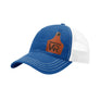 A royal blue trucker style hat with a white mesh back, and a leather cattle tag shaped patch engraved with "wr" on a white background