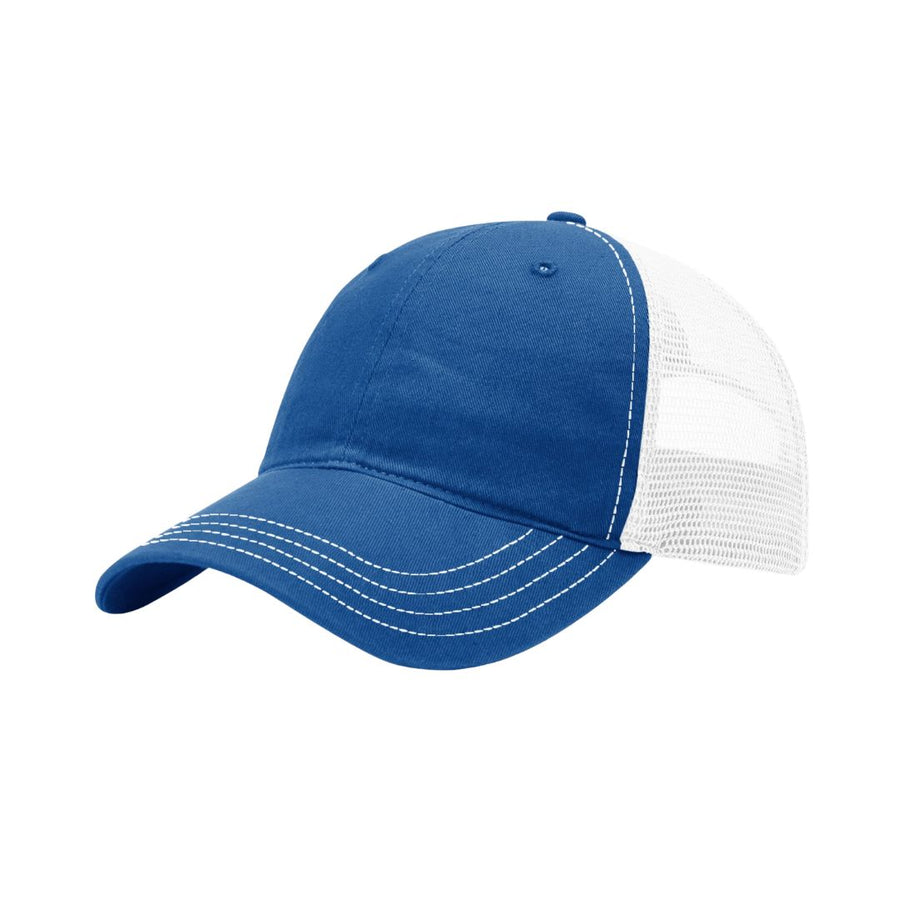 blue baseball hat with white mesh backing on a white backdrop