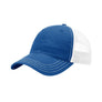 blue baseball hat with white mesh backing on a white backdrop