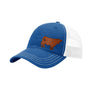 A blue trucker hat with a white mesh back, and a brown cow leather patch on the front panel, shown against a plain white background.